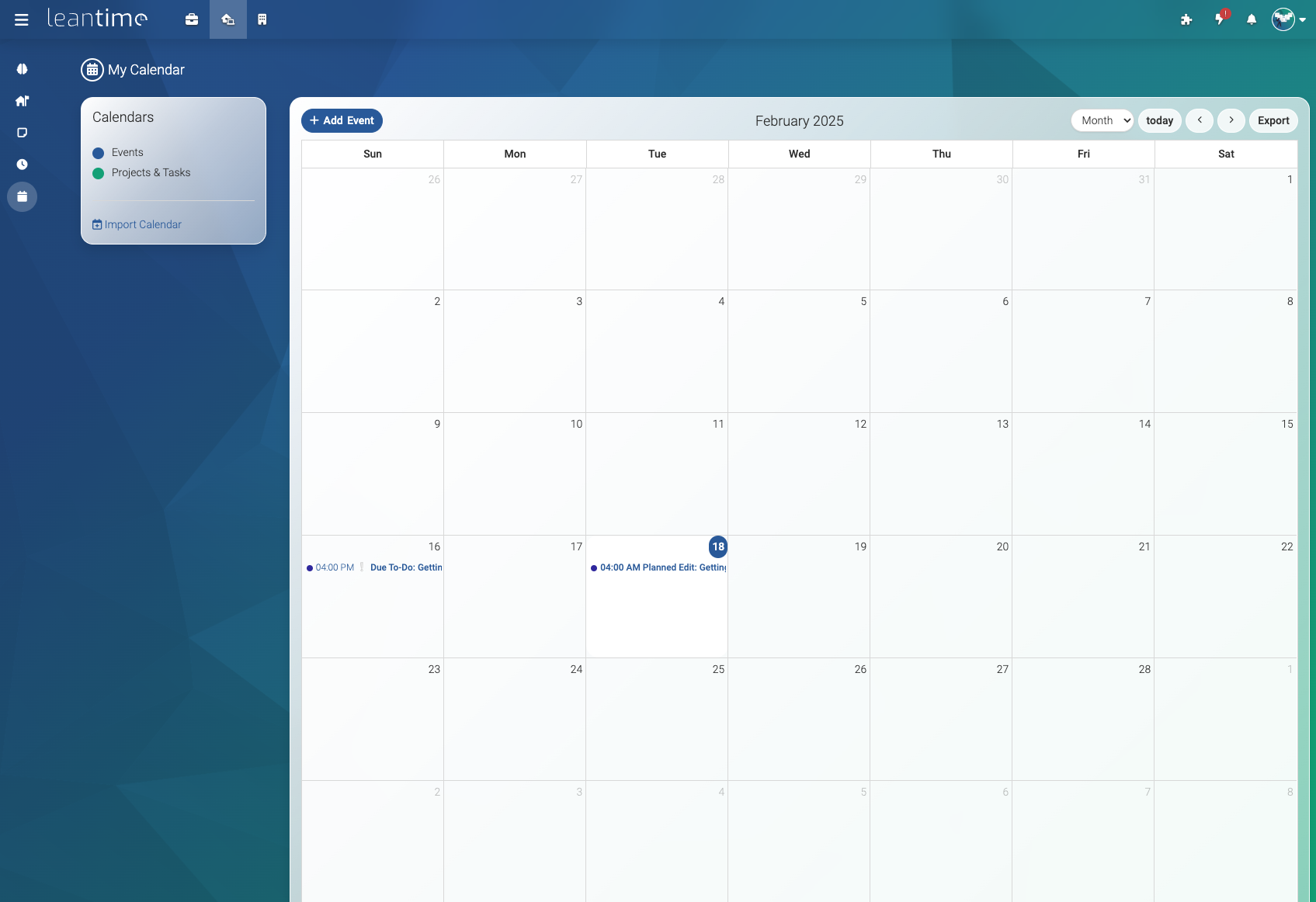 Project Calendar Screenshot of Leantime's personal calendar screen showing a month overview with a few tasks
