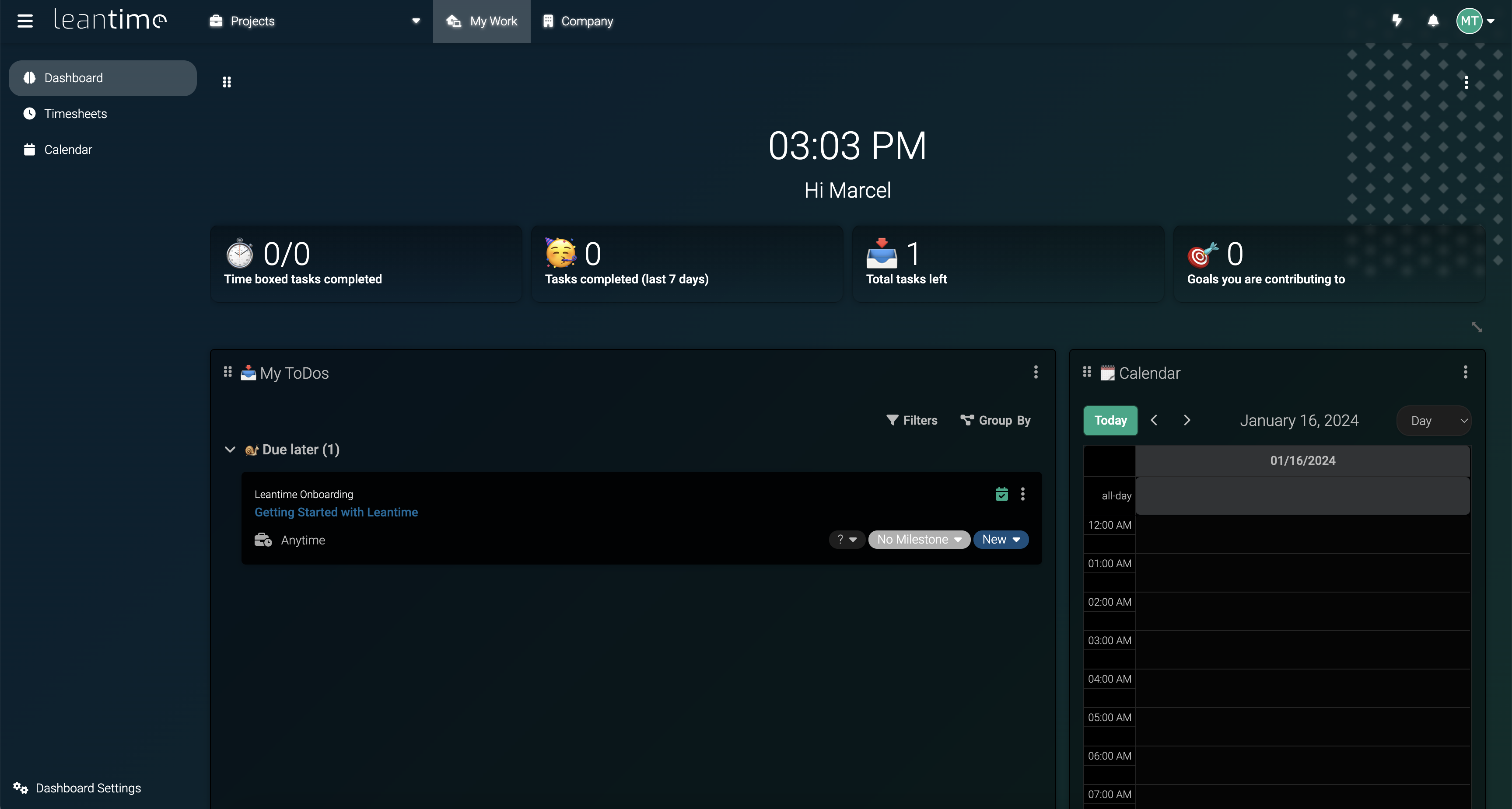 My Work Screenshot of Leantime's my work dashboard but with a dark color scheme. All colors are darkened or reverted