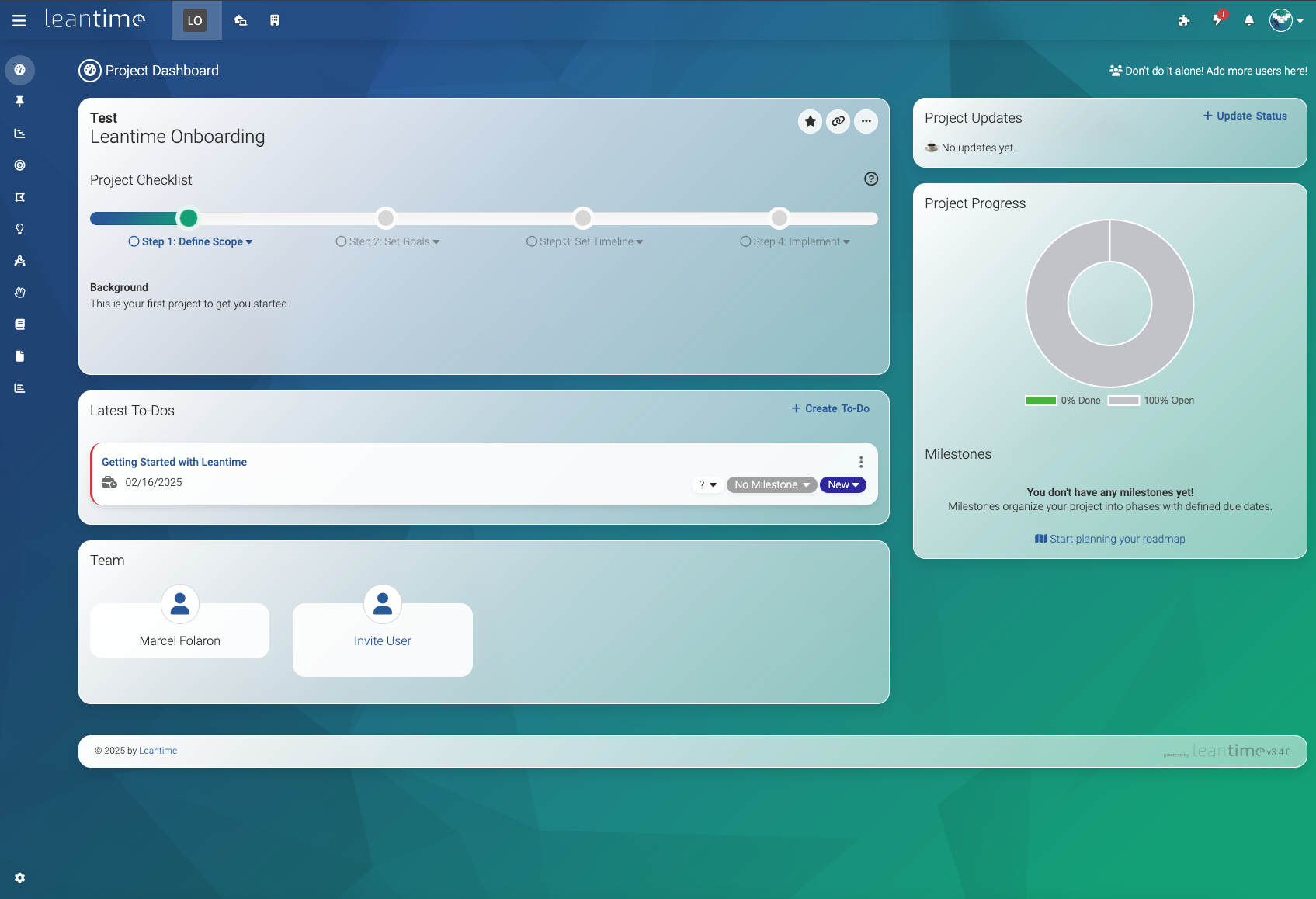 Project Dashboard Screenshot of Leantime's project dashboard showing a project checklist that has the first box checked, the latest tasks (1 right now), a progress donut chart at 0%