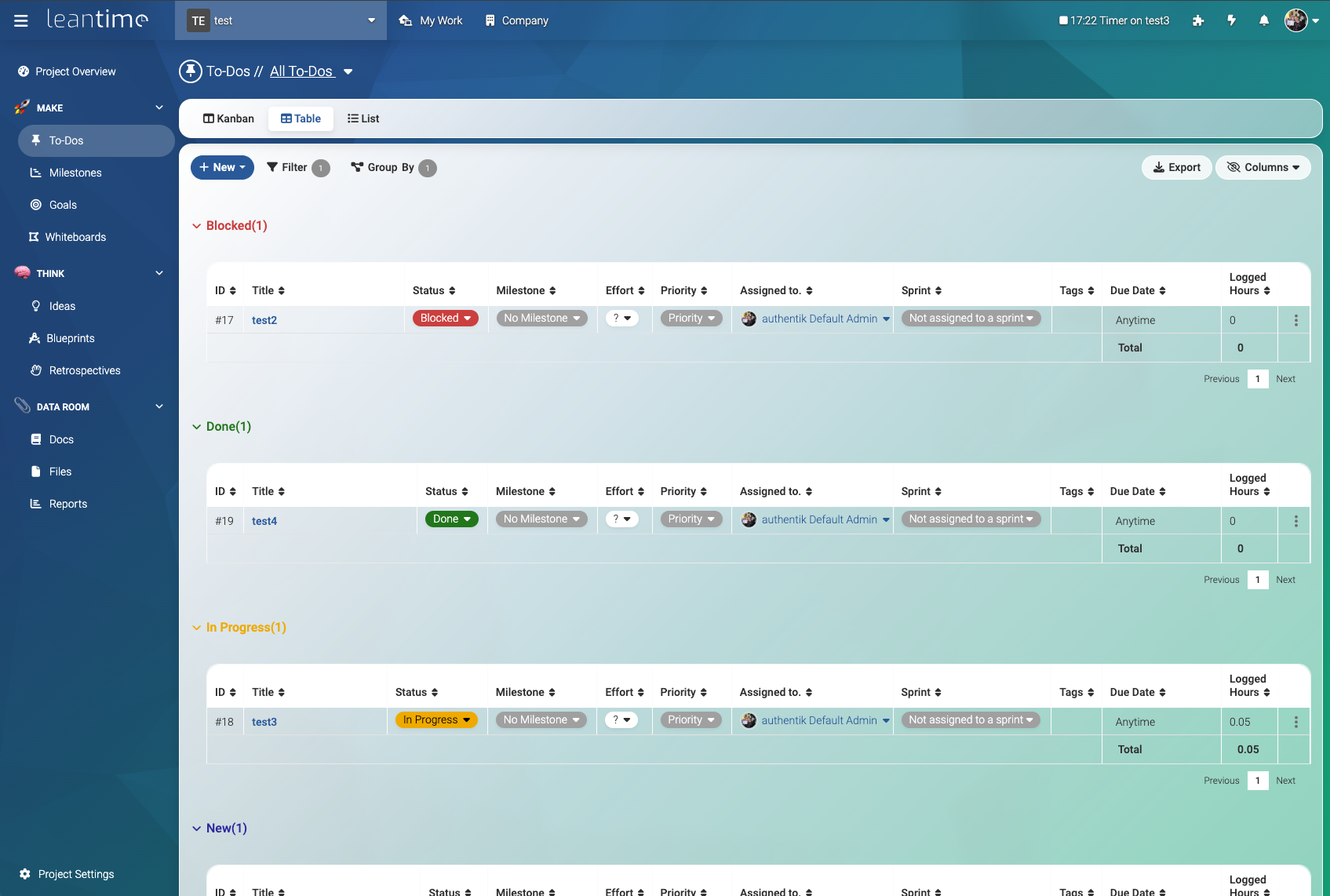 Grouped To-Dos Screenshot of Leantime's todo screen in table format. Tasks are grouped by status where each Status has a different color