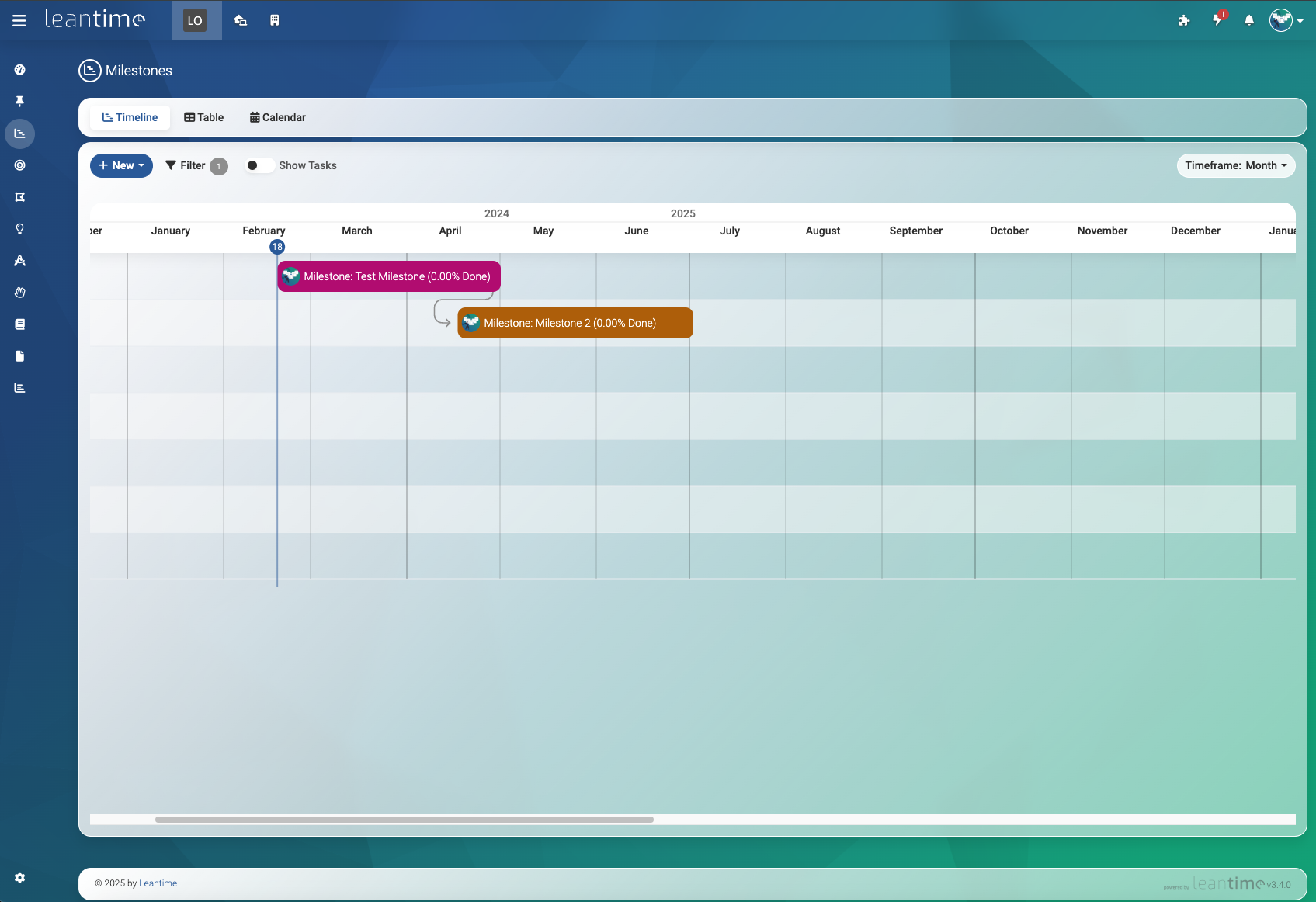 Tasks on timeline Screenshot of Leantime's timeline or gantt feature showing a timeline with various milestone boxes different in length representing how long these take. Each milestone has a different color and they are connected with an arrow