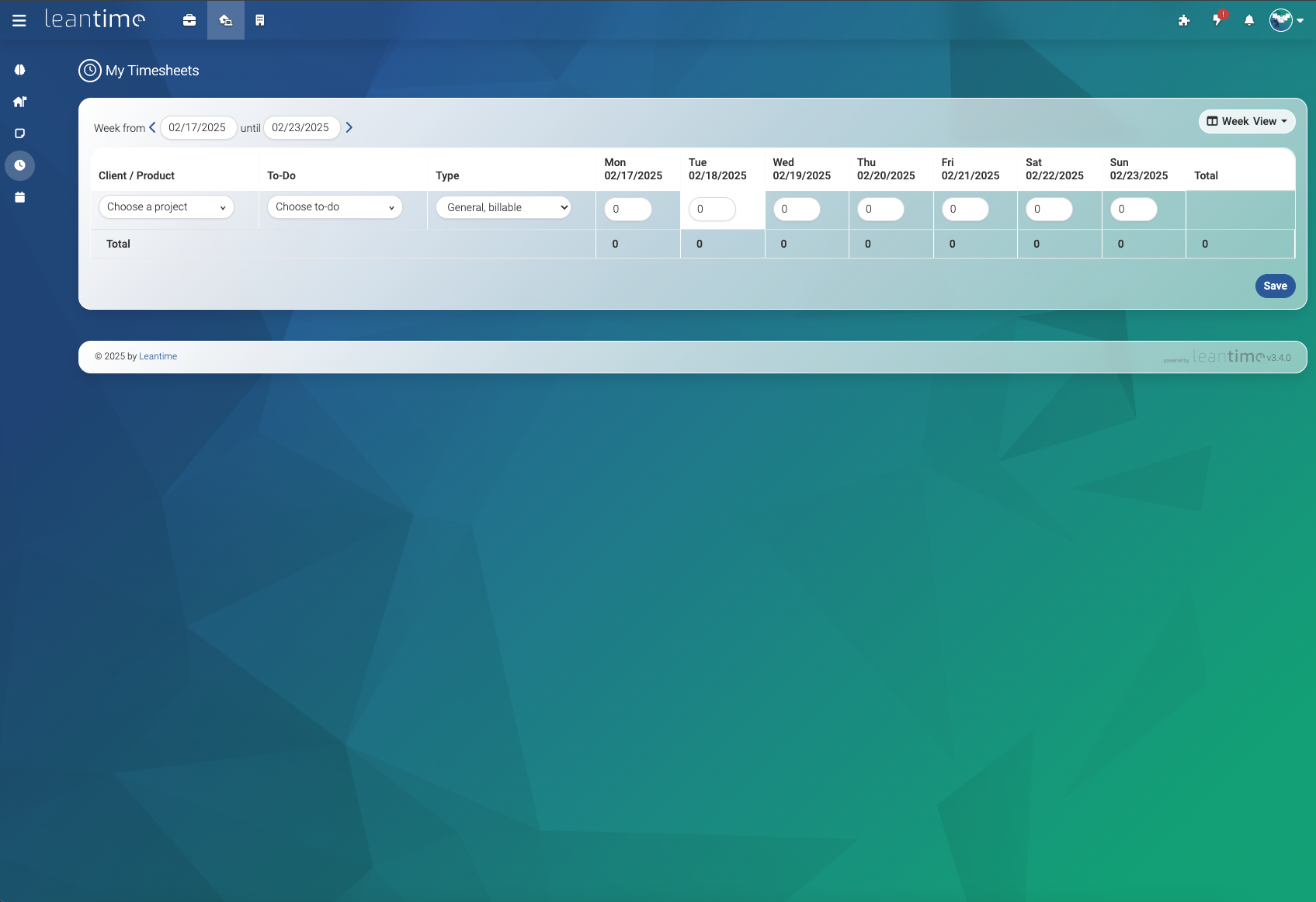 Timesheets Screenshot of Leantime's timesheet feature with a table a one week overview and input boxes for each day. Tasks are organized in rows